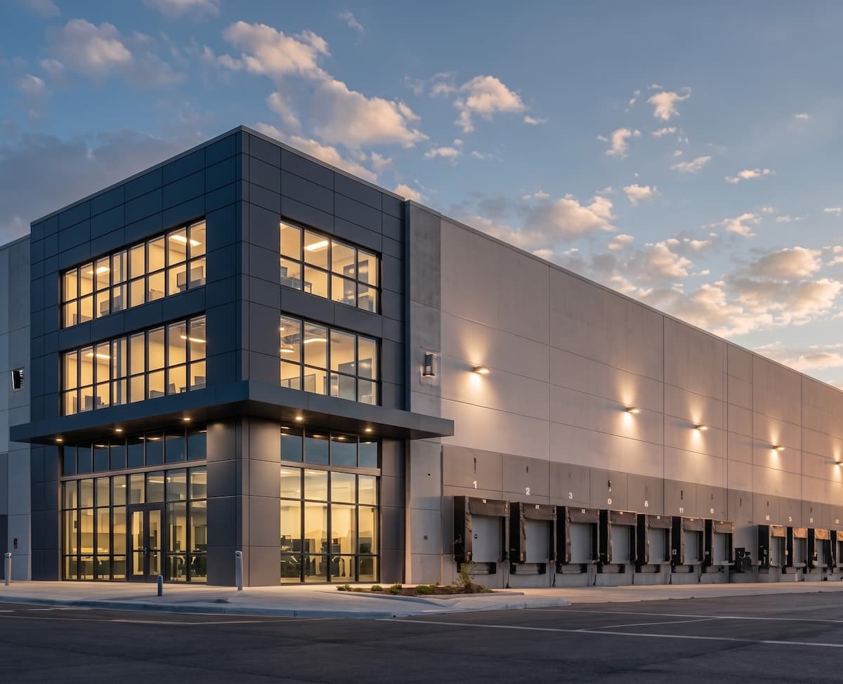 A modern warehouse and office headquarters at dusk