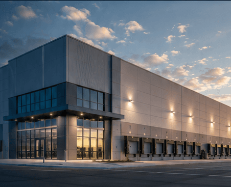 Modern corporate industrial facility at dusk