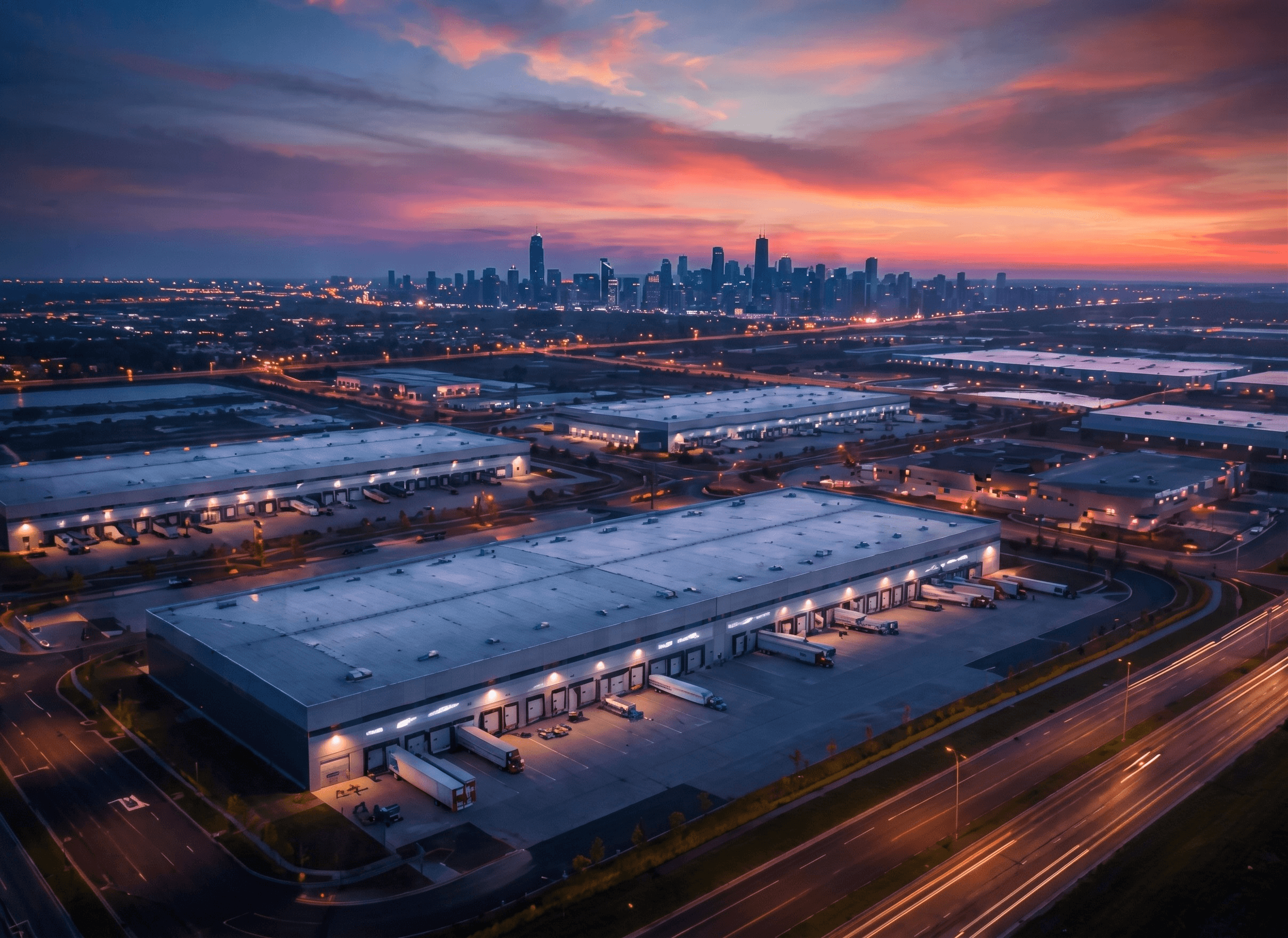 Distribution centers and truck courts at dusk