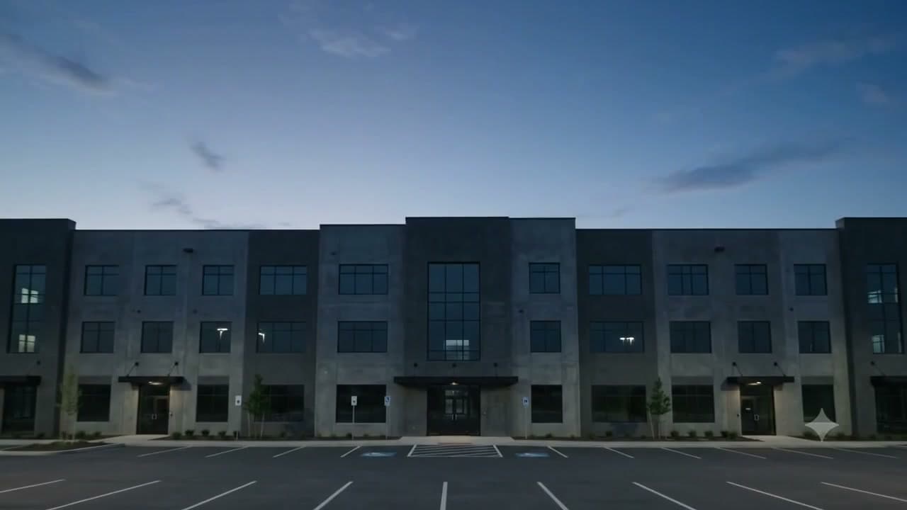A commercial building at the blue hour, lights still off